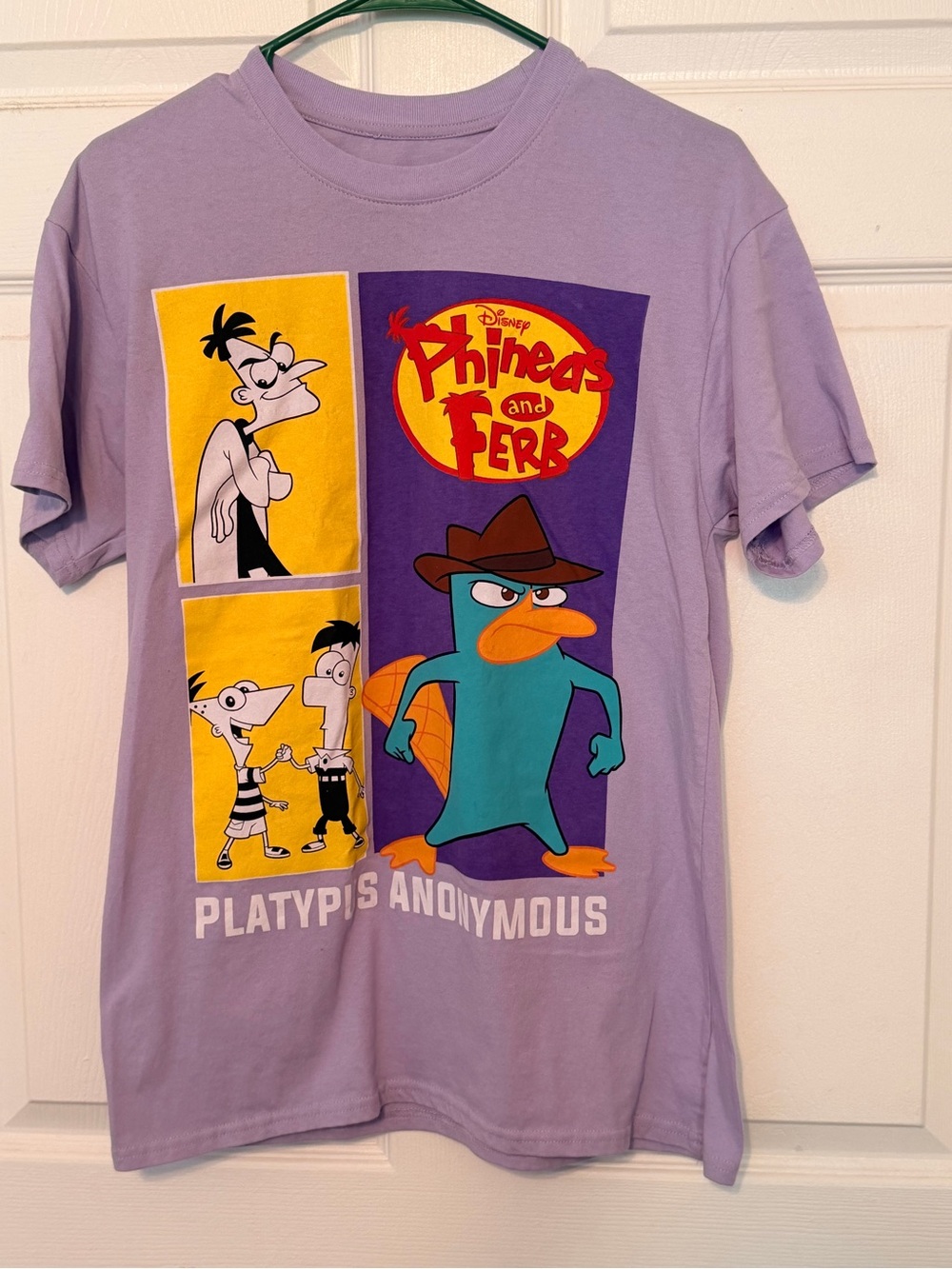 Disney Lavender Phineas and Ferb Graphic Tee with Teal and Yellow Accents